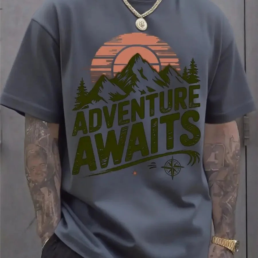 Adventure Awaits Mountain Compass T-Shirt, Hiking Camping Cotton Top, Unisex Short Sleeve