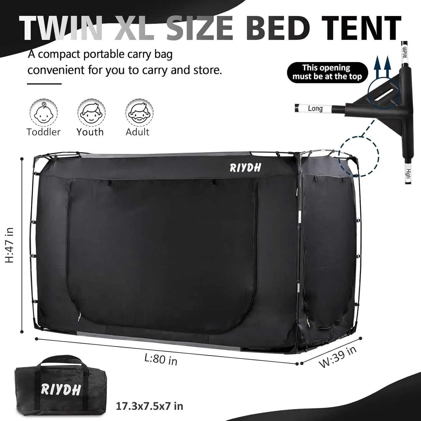 Portable Bed Tent for Adults and Kids, Twin XL Size with 3 Doors, Blackout Design, Breathable Space