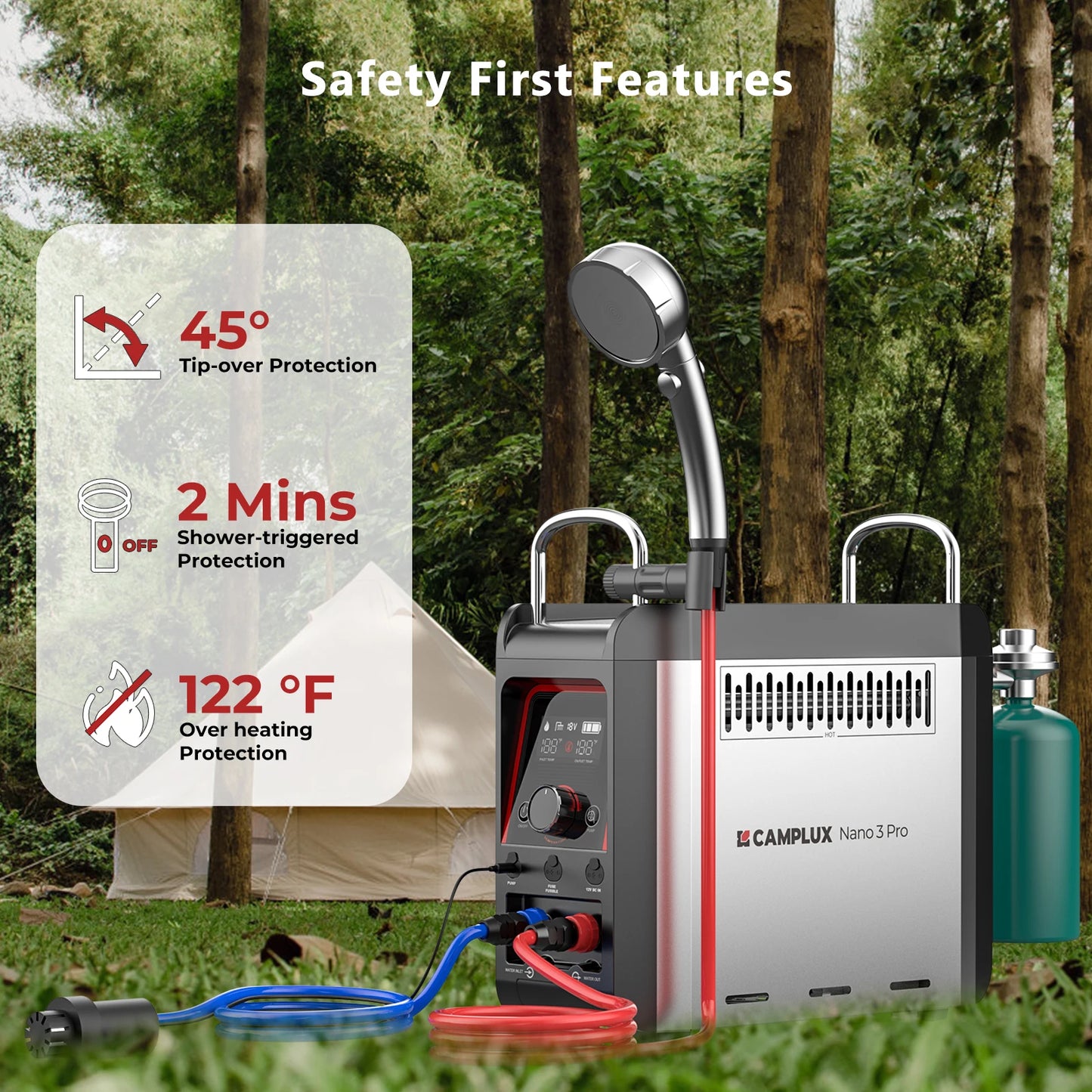 Propane TableTop Camp Water Heater & Shower Pump w/Built-in Battery