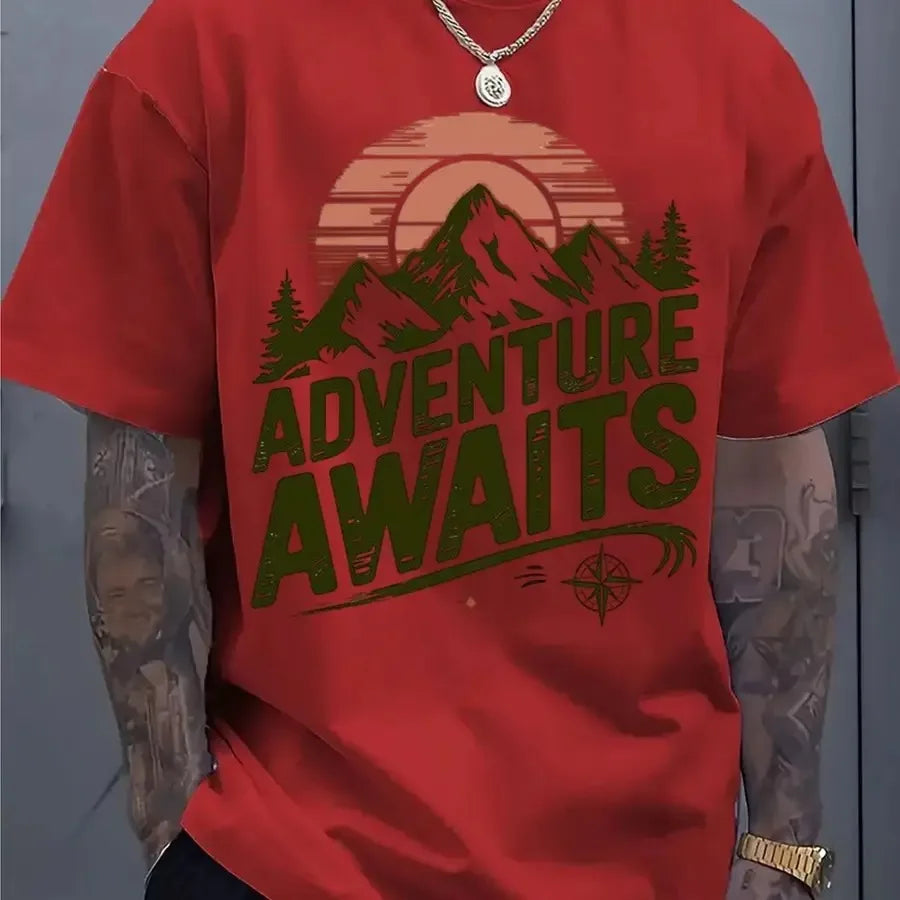 Adventure Awaits Mountain Compass T-Shirt, Hiking Camping Cotton Top, Unisex Short Sleeve