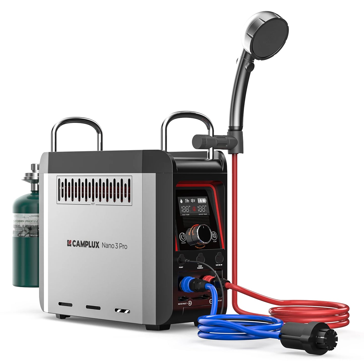Propane TableTop Camp Water Heater & Shower Pump w/Built-in Battery