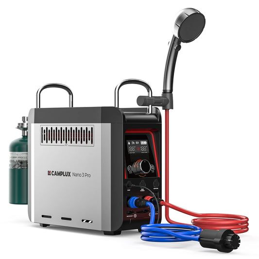 Propane TableTop Camp Water Heater & Shower Pump w/Built-in Battery