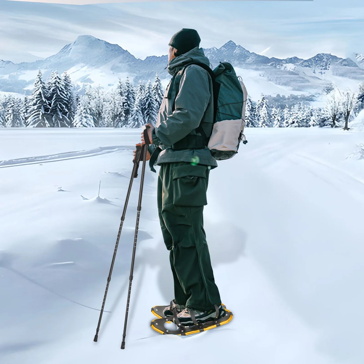 Aluminum Snowshoes Set with Adjustable Trekking Poles, Anti Slip Snowshoes for Shoe Size 35-40