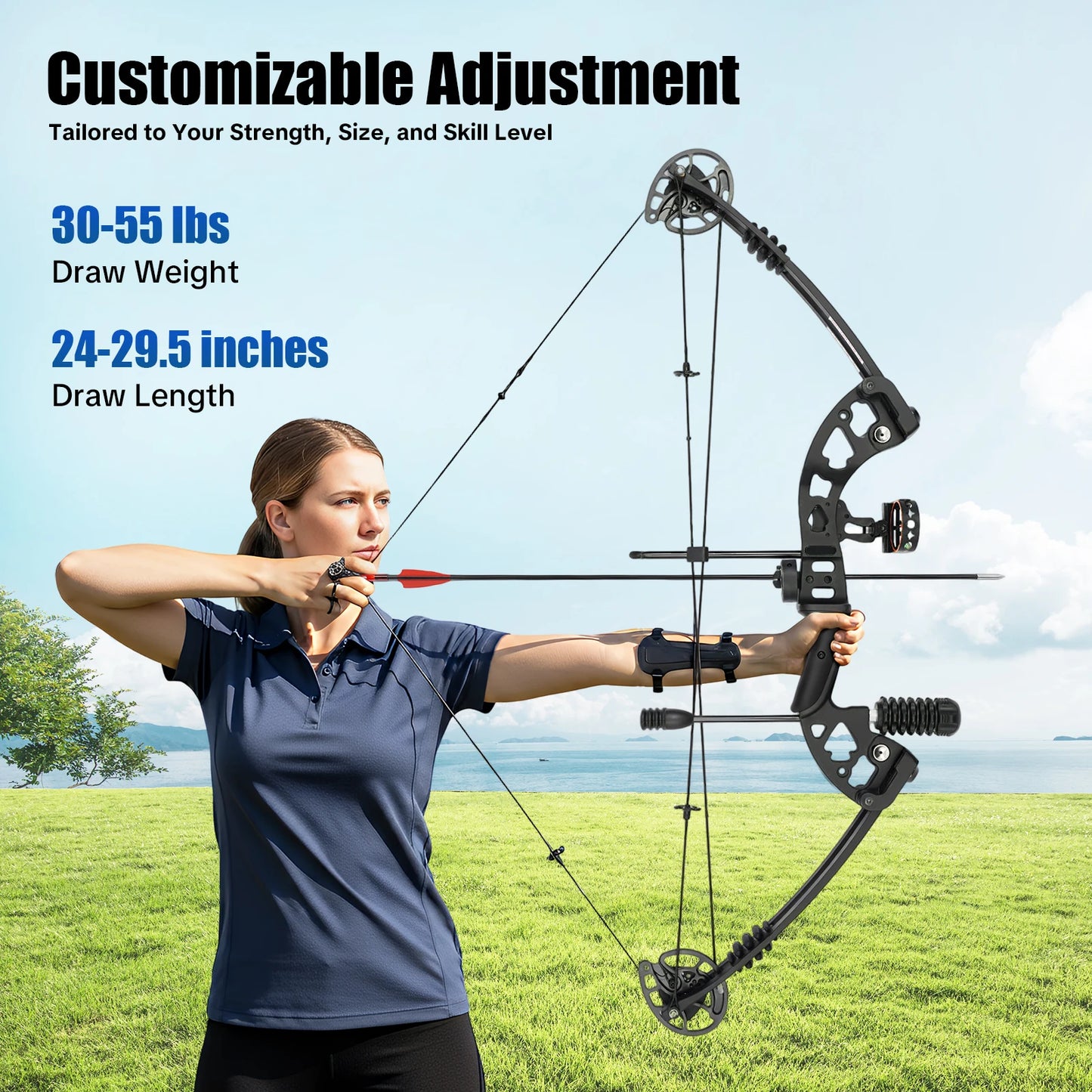 30-55 lbs Compound Bow Adjustable Draw Weight and Length with 3-Pin Sight 12 Arrows Complete Arch Set for Right Hand