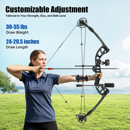 30-55 lbs Compound Bow Adjustable Draw Weight and Length with 3-Pin Sight 12 Arrows Complete Arch Set for Right Hand