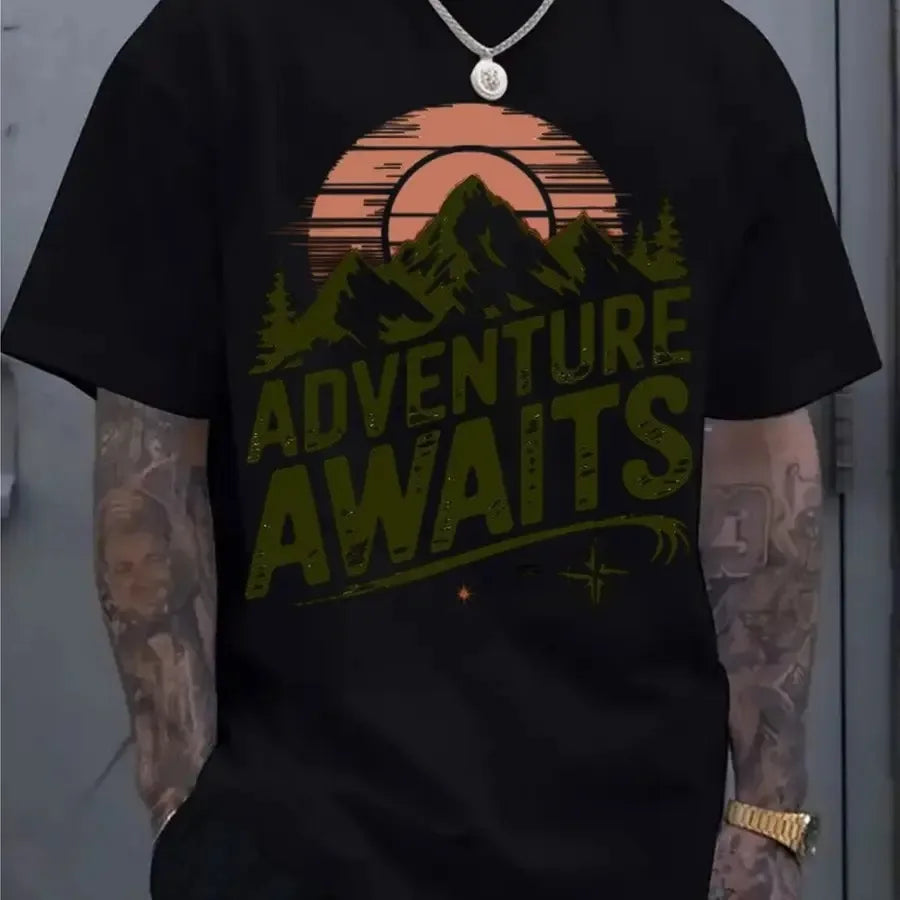 Adventure Awaits Mountain Compass T-Shirt, Hiking Camping Cotton Top, Unisex Short Sleeve