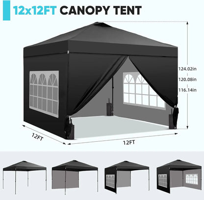 12x12 Pop Up Canopy Tent with 4 Sidewalls, Easy Setup Gazebo for Events, Parties, Camping in Black