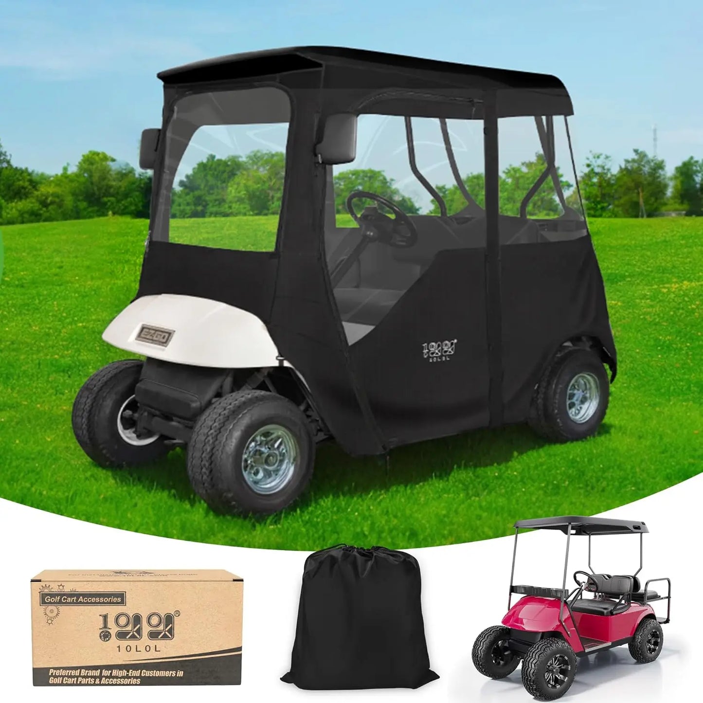 10L0L 2-Passenger Golf Cart Enclosure for EZGO TXT & RXV, Clear Windows, All-Weather Waterproof Cover