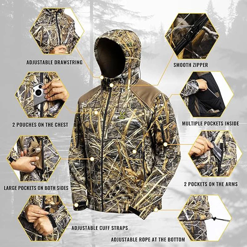 Quiet Hunting Jacket Softshell Fleece-Lined Camouflage Hoodie Coat