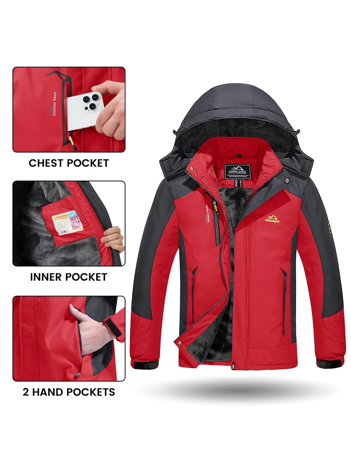 Men's Waterproof and Windproof Fleece Ski Jackets