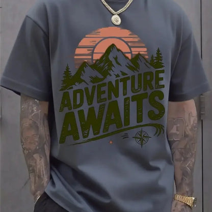 Adventure Awaits Mountain Compass T-Shirt, Hiking Camping Cotton Top, Unisex Short Sleeve