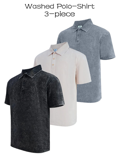 Three piece men's premium washed golf T-shirt classic short sleeved lapel shirt casual breathable top