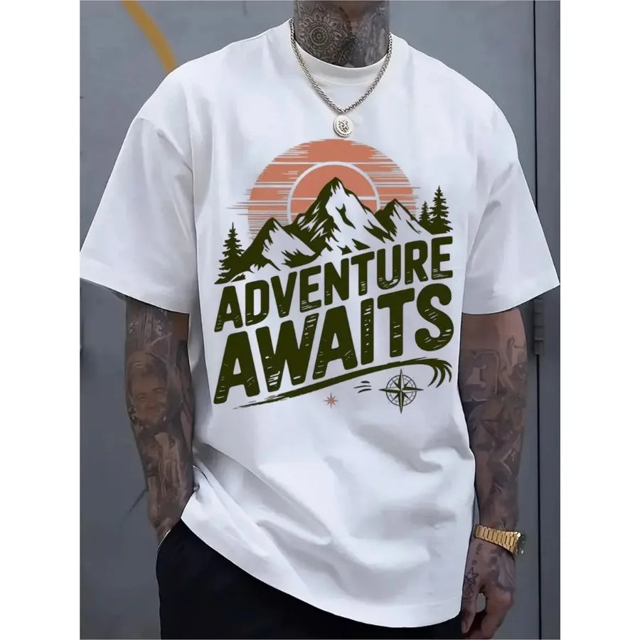 Adventure Awaits Mountain Compass T-Shirt, Hiking Camping Cotton Top, Unisex Short Sleeve