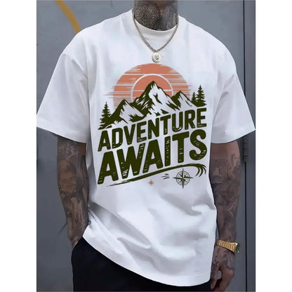 Adventure Awaits Mountain Compass T-Shirt, Hiking Camping Cotton Top, Unisex Short Sleeve