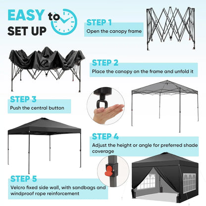 12x12 Pop Up Canopy Tent with 4 Sidewalls, Easy Setup Gazebo for Events, Parties, Camping in Black