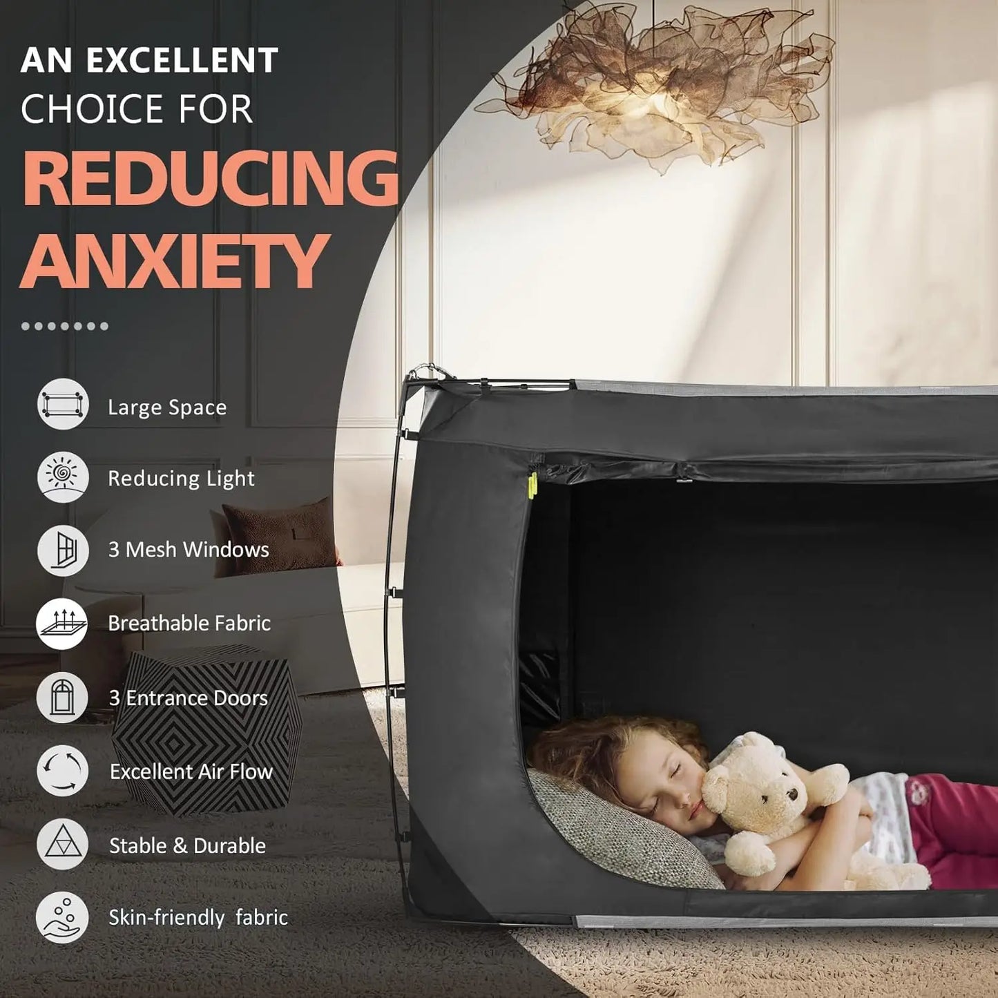 Portable Bed Tent for Adults and Kids, Twin XL Size with 3 Doors, Blackout Design, Breathable Space