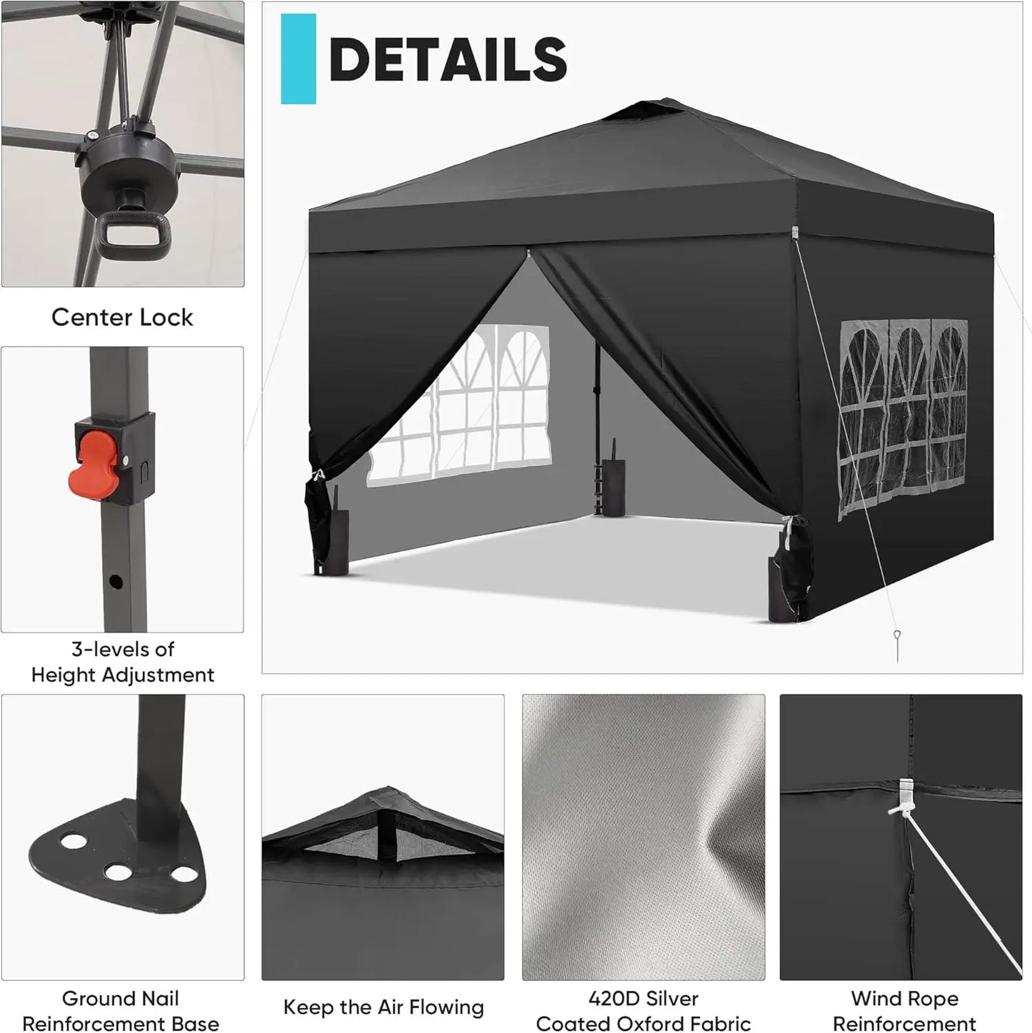 12x12 Pop Up Canopy Tent with 4 Sidewalls, Easy Setup Gazebo for Events, Parties, Camping in Black
