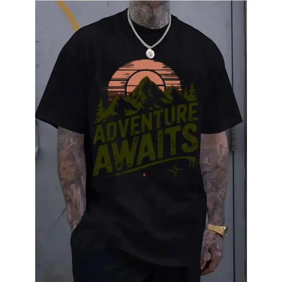 Adventure Awaits Mountain Compass T-Shirt, Hiking Camping Cotton Top, Unisex Short Sleeve