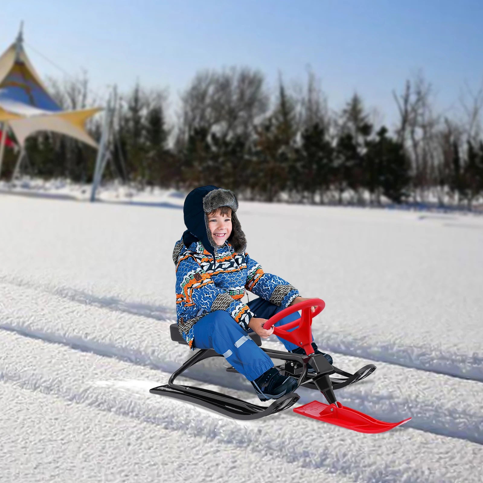 Snow Racer Sled Slider Board with Steering Wheel Brakes Durable Stable ...