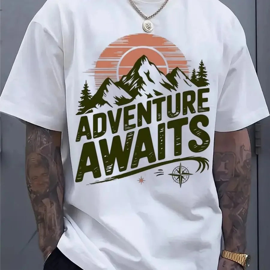 Adventure Awaits Mountain Compass T-Shirt, Hiking Camping Cotton Top, Unisex Short Sleeve