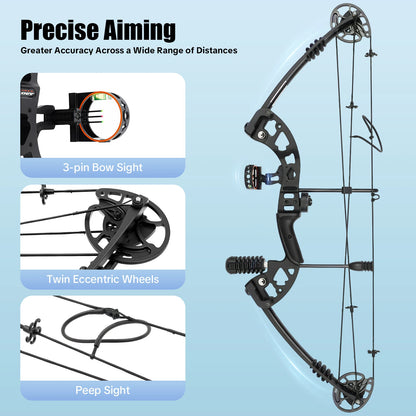 30-55 lbs Compound Bow Adjustable Draw Weight and Length with 3-Pin Sight 12 Arrows Complete Arch Set for Right Hand