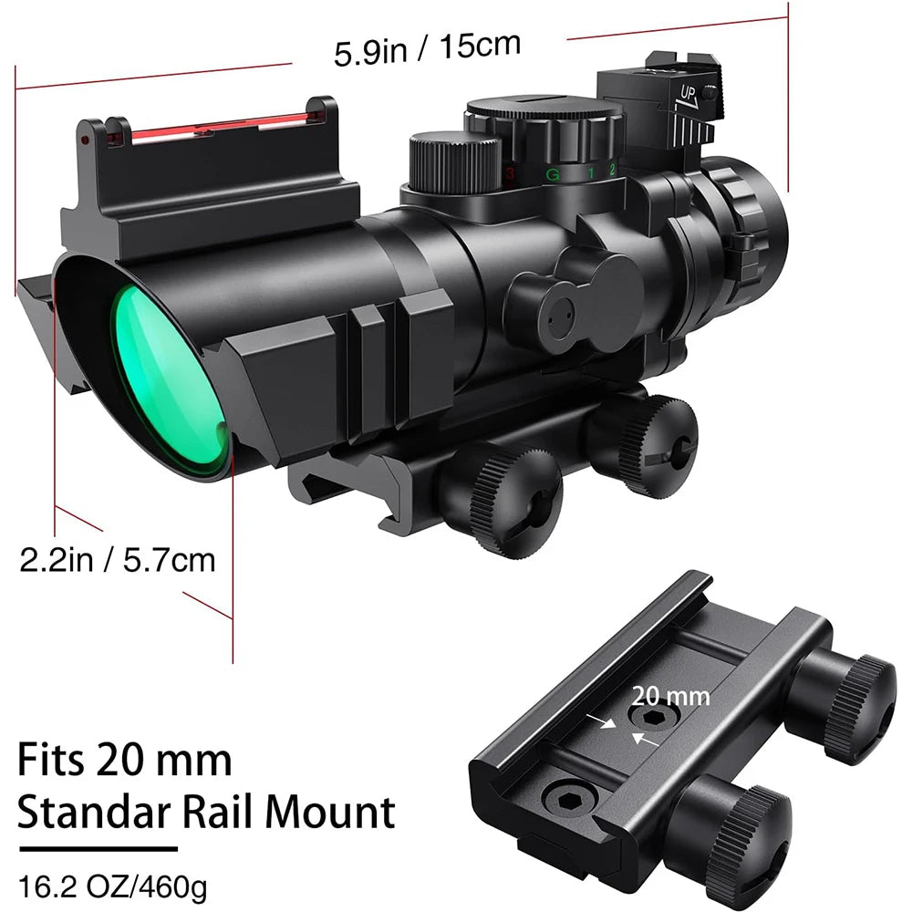 4x32 Riflescope with Fiber Optic Sight RGB Illuminated Reticle Prism Scope with 20 mm Picatinny Rail