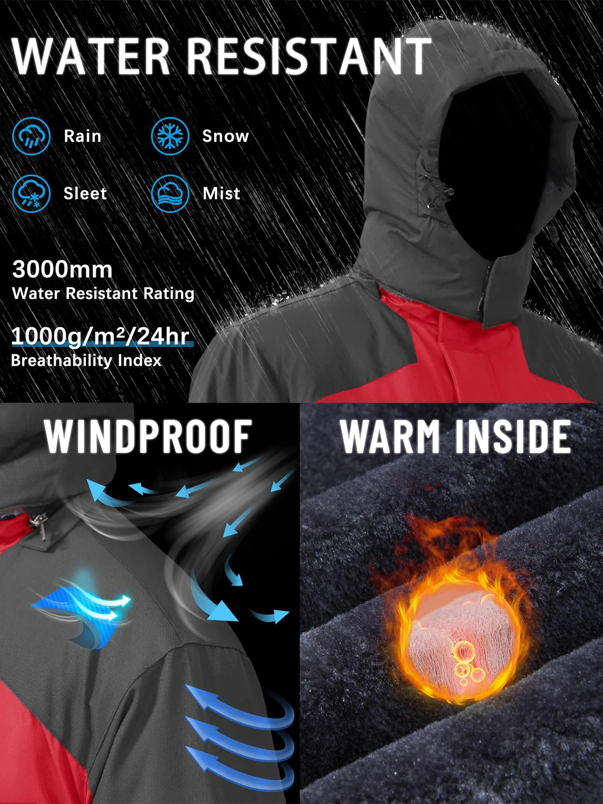 Men's Waterproof and Windproof Fleece Ski Jackets