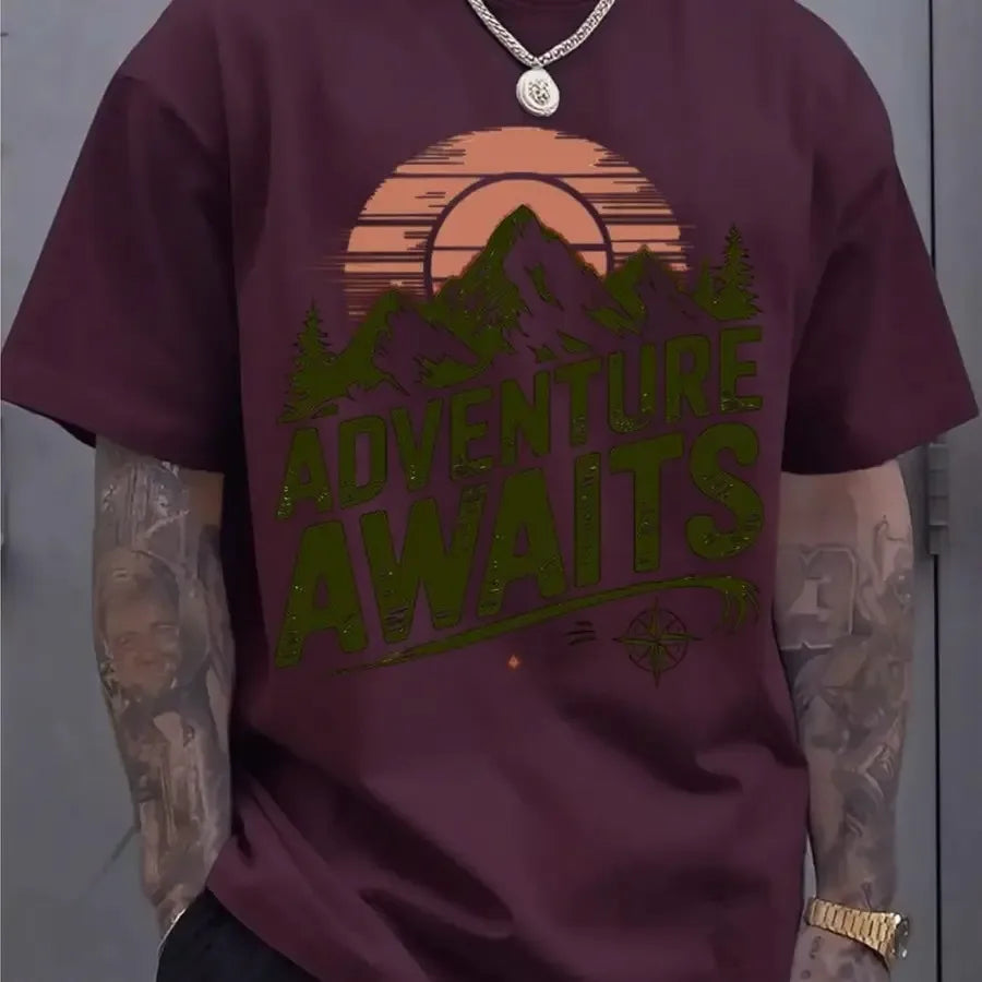 Adventure Awaits Mountain Compass T-Shirt, Hiking Camping Cotton Top, Unisex Short Sleeve