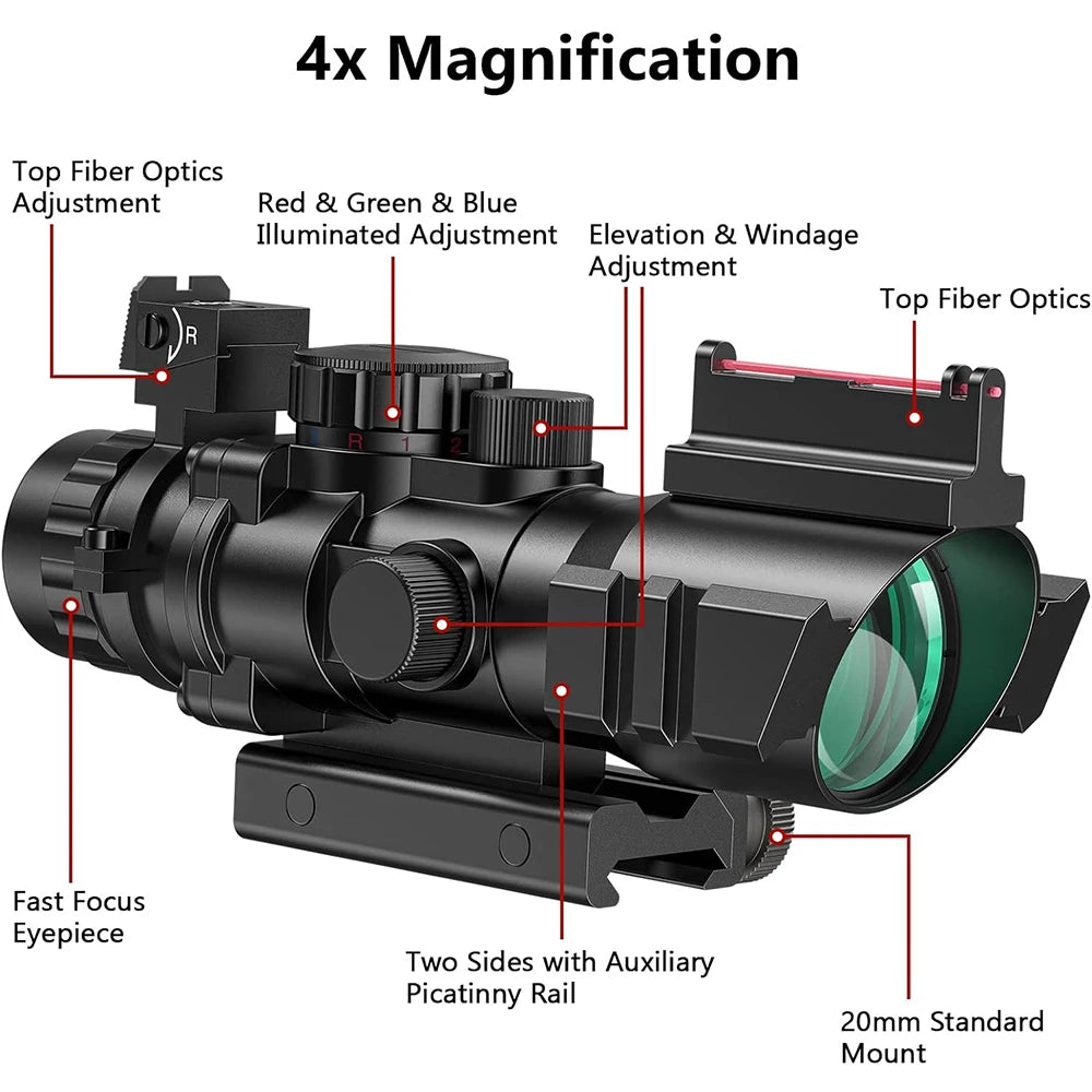 4x32 Riflescope with Fiber Optic Sight RGB Illuminated Reticle Prism Scope with 20 mm Picatinny Rail