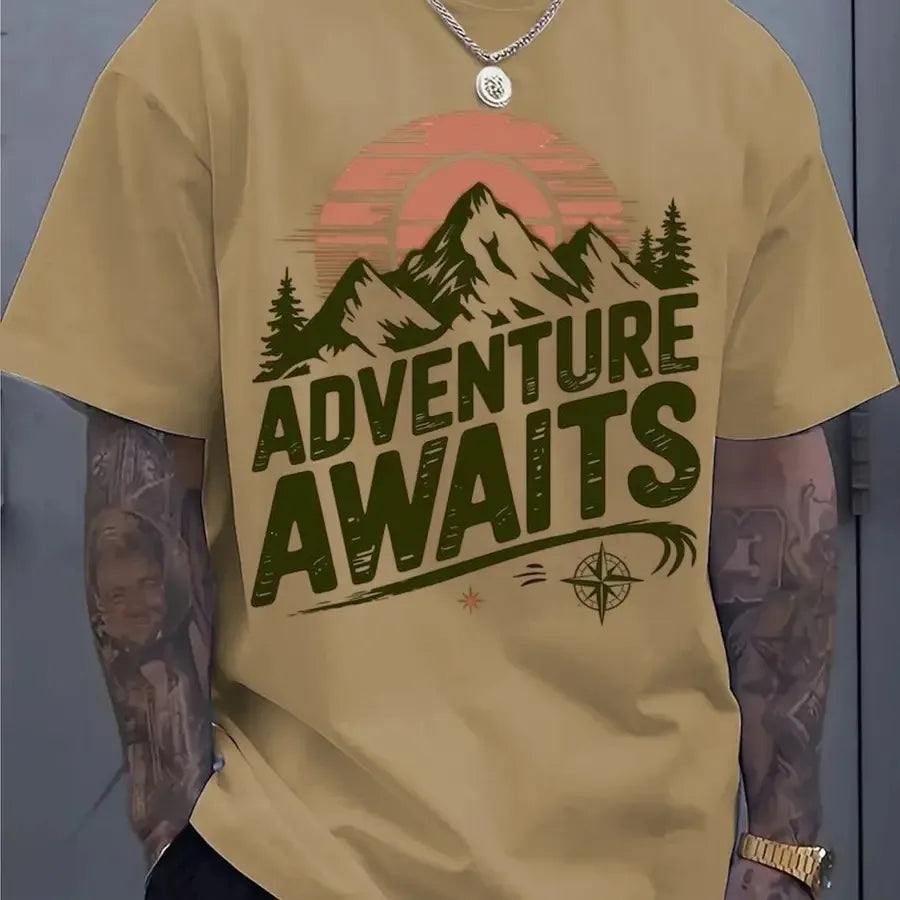 Adventure Awaits Mountain Compass T-Shirt, Hiking Camping Cotton Top, Unisex Short Sleeve