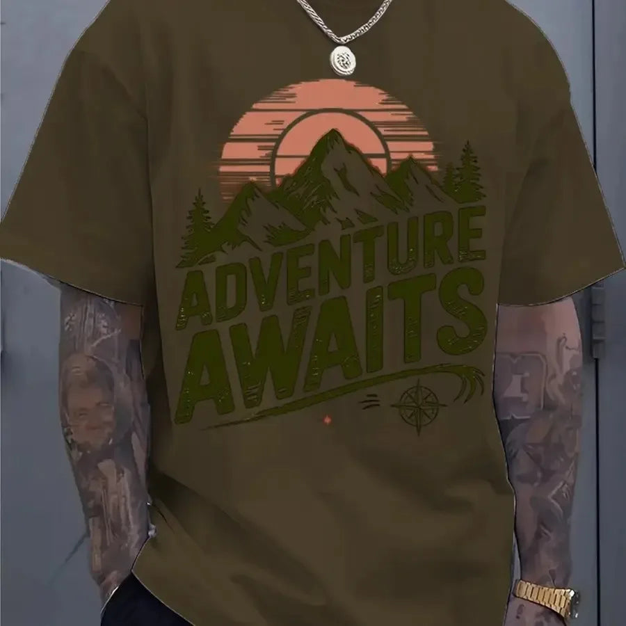 Adventure Awaits Mountain Compass T-Shirt, Hiking Camping Cotton Top, Unisex Short Sleeve