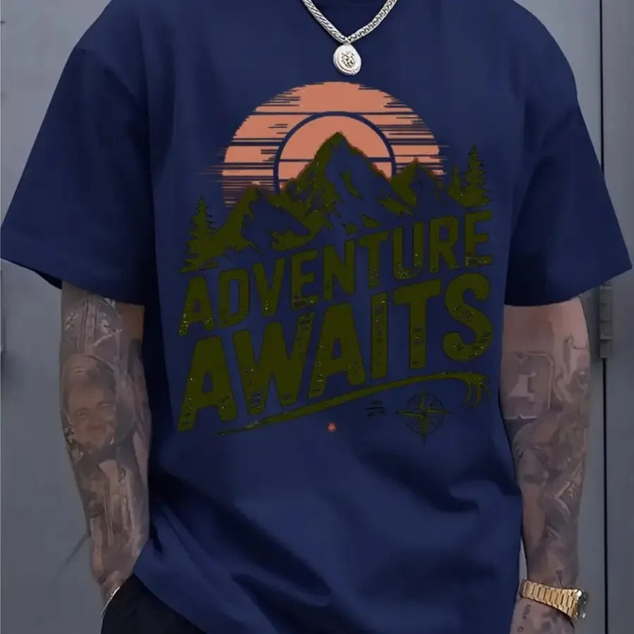 Adventure Awaits Mountain Compass T-Shirt, Hiking Camping Cotton Top, Unisex Short Sleeve