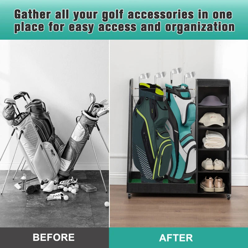 Golf Bag Organizer for Garage, Premium Wooden Golf Clubs Storage Rack Fit 2 Golf Bags, Golf Trunk Organizer for Car Garage Club