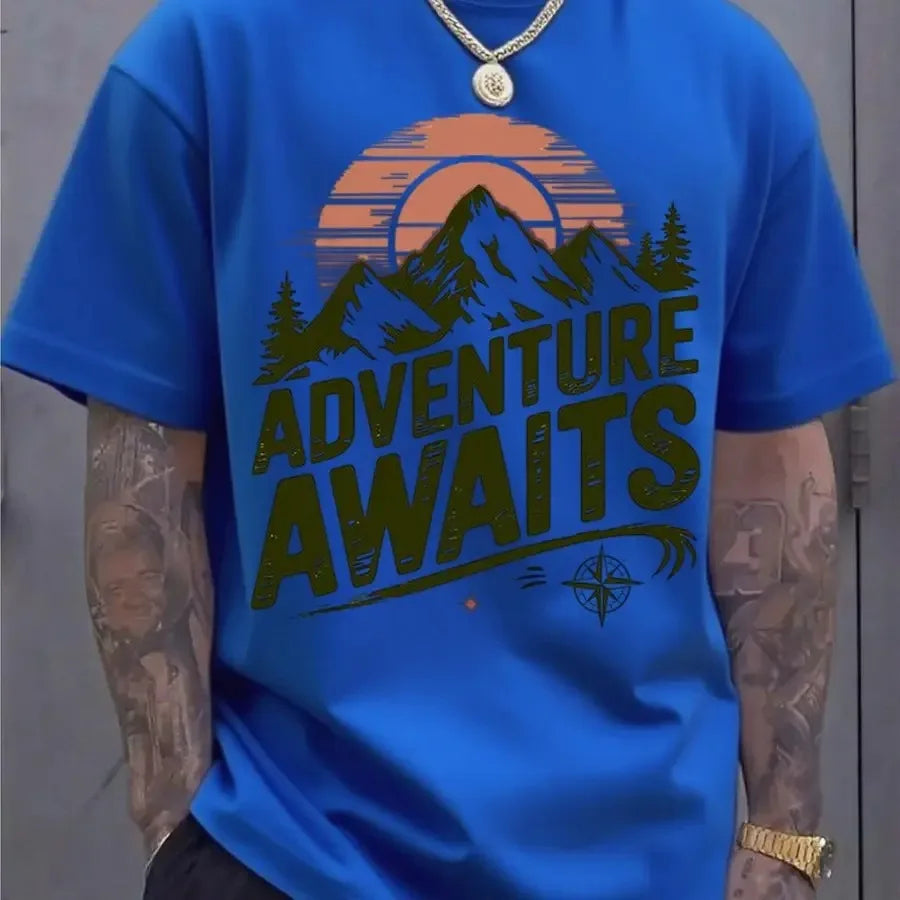 Adventure Awaits Mountain Compass T-Shirt, Hiking Camping Cotton Top, Unisex Short Sleeve
