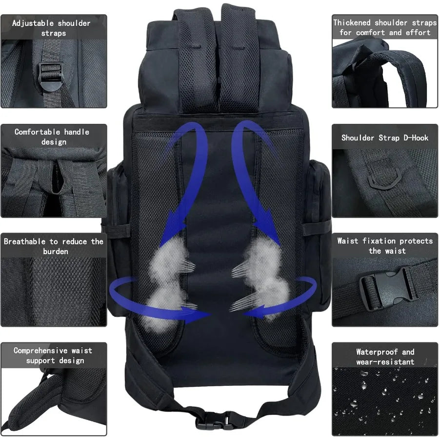 80L 100 liters Hiking Backpack Camping Rucksack for Men Outdoor Travel Climbing Knapsack Mountaineering Trekking Backpack with