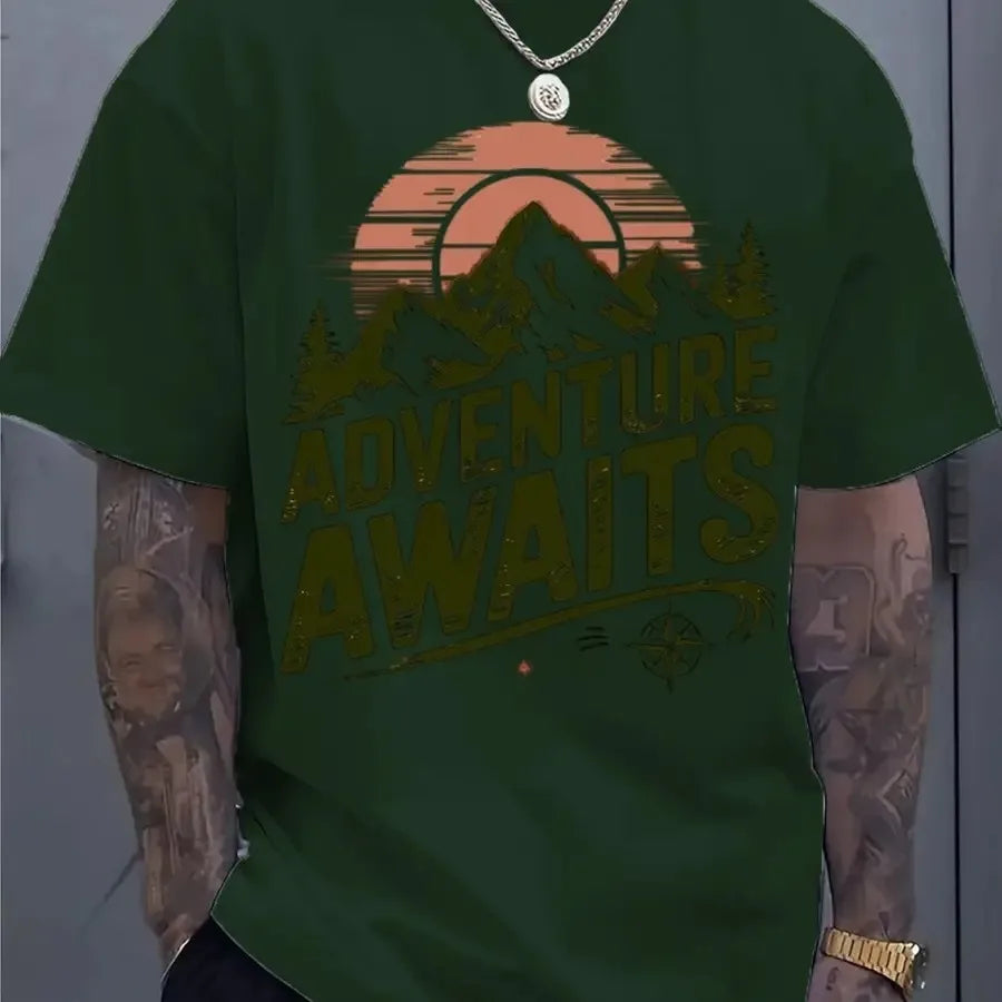 Adventure Awaits Mountain Compass T-Shirt, Hiking Camping Cotton Top, Unisex Short Sleeve