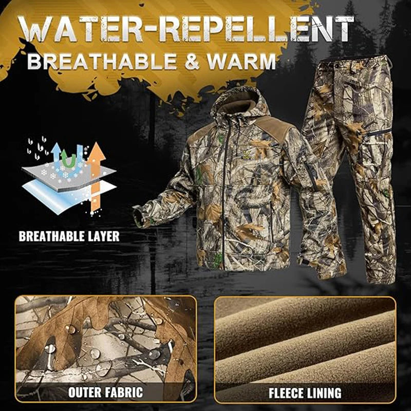 Quiet Hunting Suit Camouflage Softshell Clothes Clothing Gear Hoodie Jacket Pants For Men