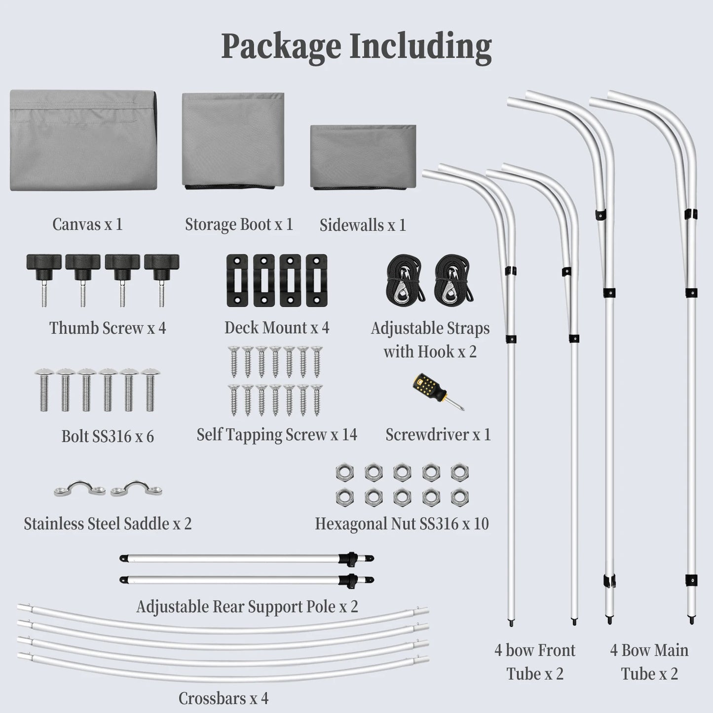 600D 4 Bow Bimini Top Boat Cover with 1” Aluminum Alloy Frame